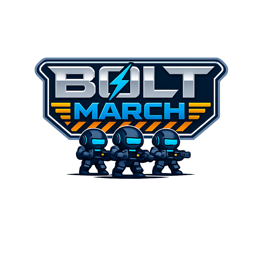 Bolt March logo with three worker robots