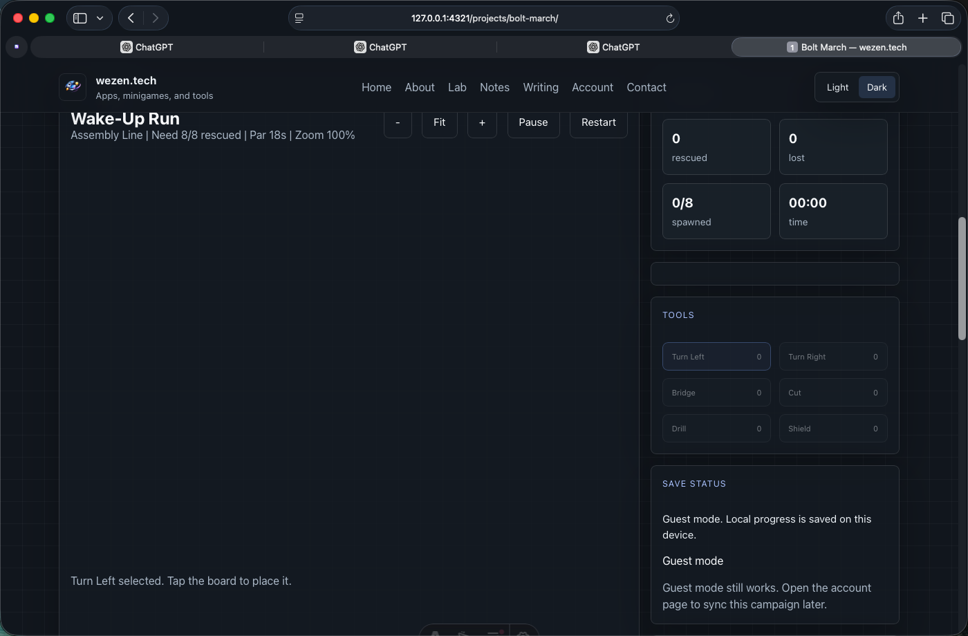 Bolt March gameplay shell with the live HUD and tool tray in Safari.