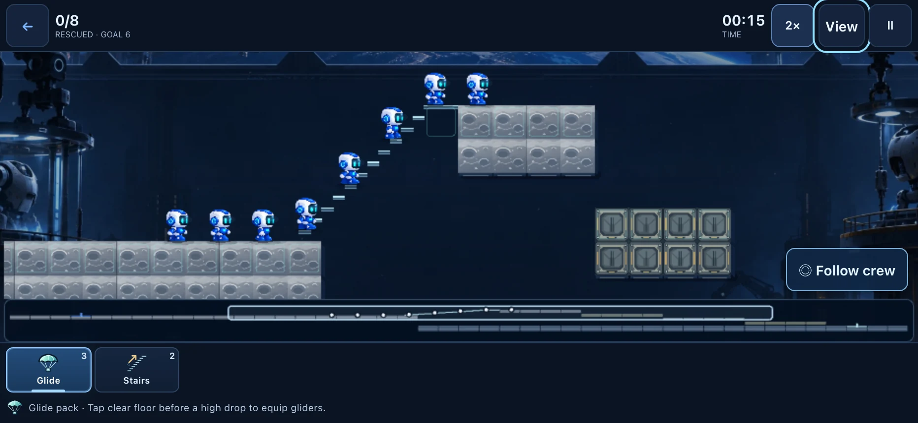 Bolt March running in a phone landscape layout, with compact controls and a crew exploring layered terrain.